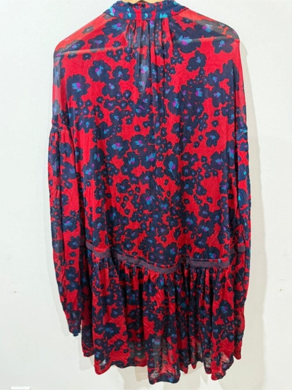 Free People Red Floral Boho Mini Dress Long Sleeve Button Front Size M - Picture 8 of 13